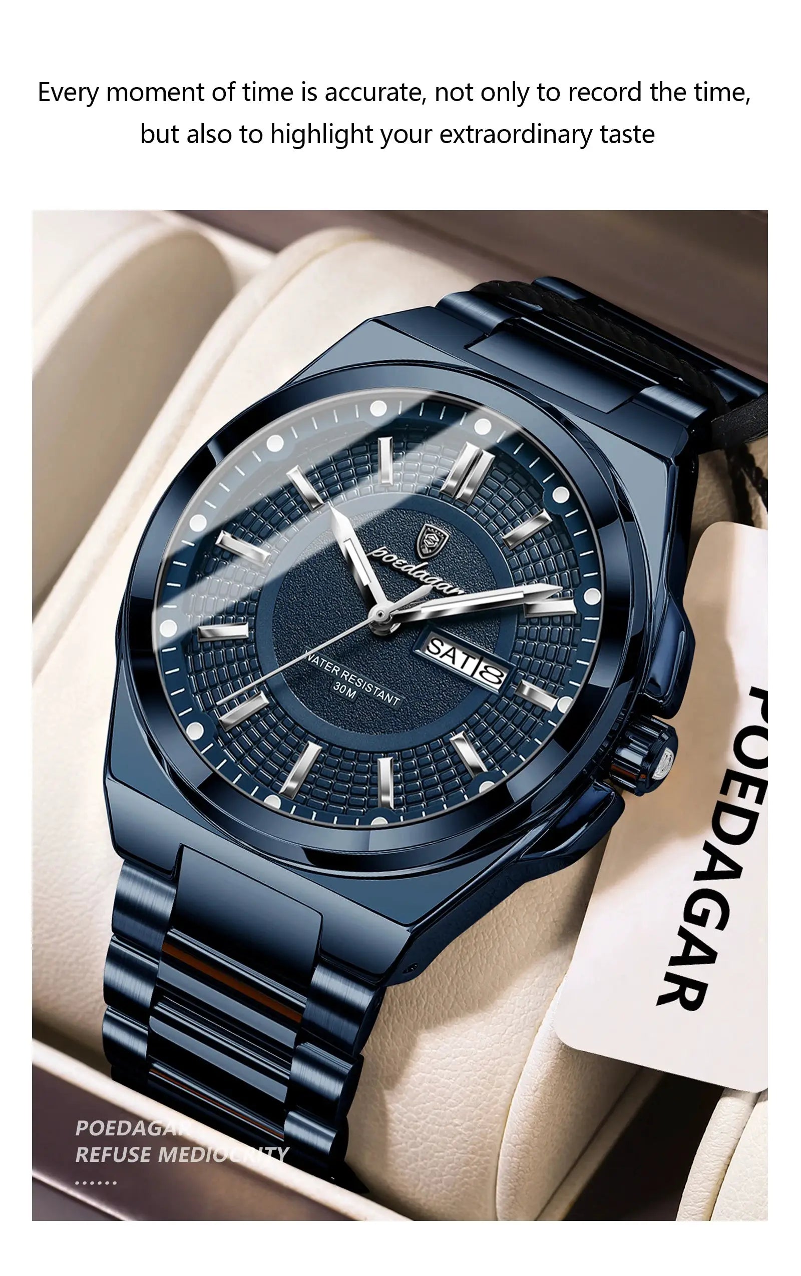 POEDAGAR stainless steel blue men's wristwatch with quartz movement, date window, luminous hands, water resistant 30m