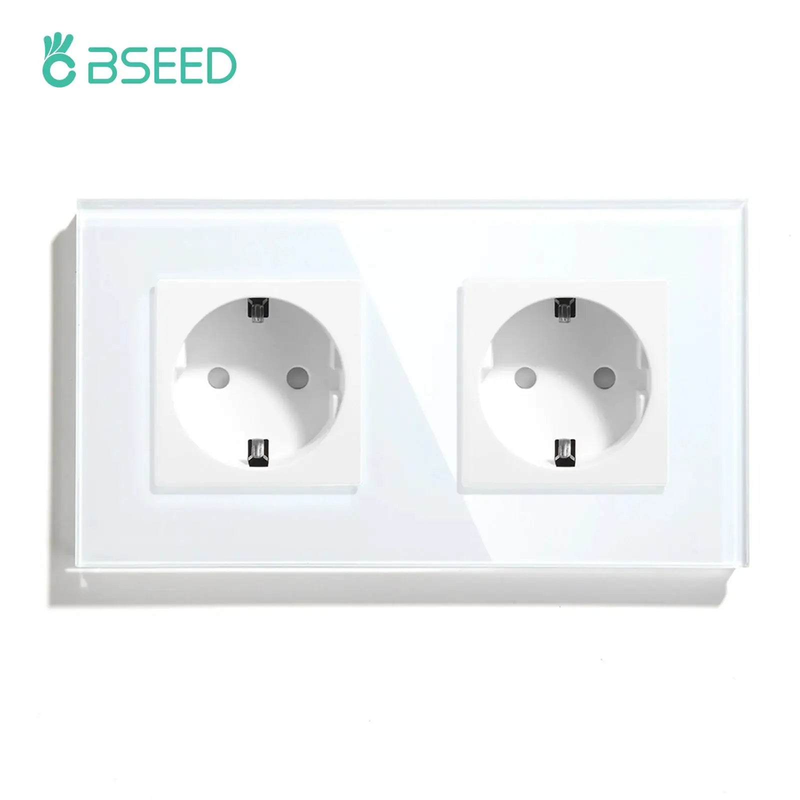 BSEED dual EU wall socket on glass panel with two Schuko outlets and kid-safe protection