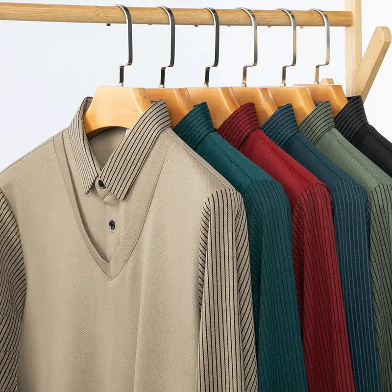Simples Market men's long-sleeve polo tops with striped sleeves; set of 7 assorted colors on hangers