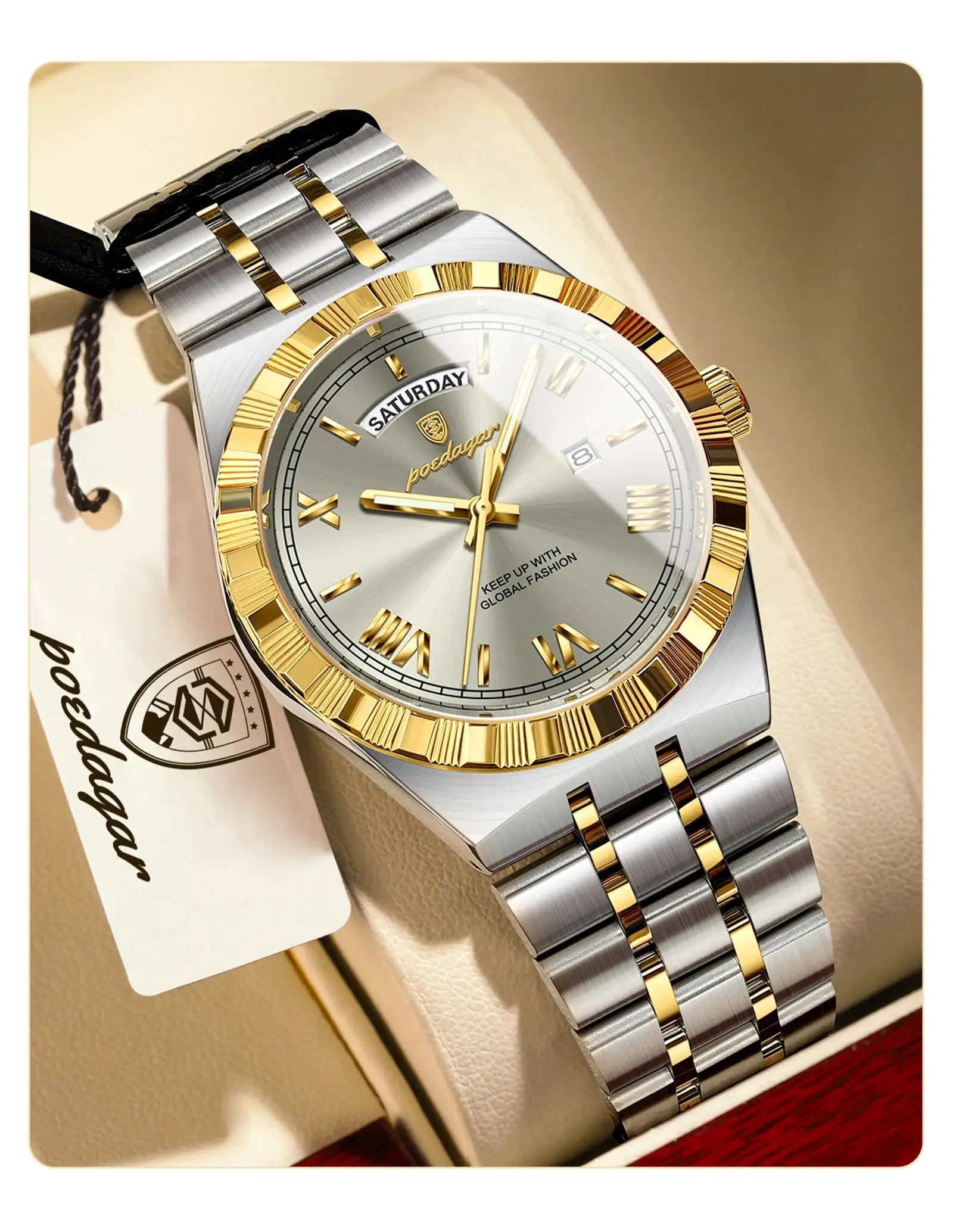 POEDAGAR men's luxury stainless steel two-tone watch with gold bezel, silver dial and date window