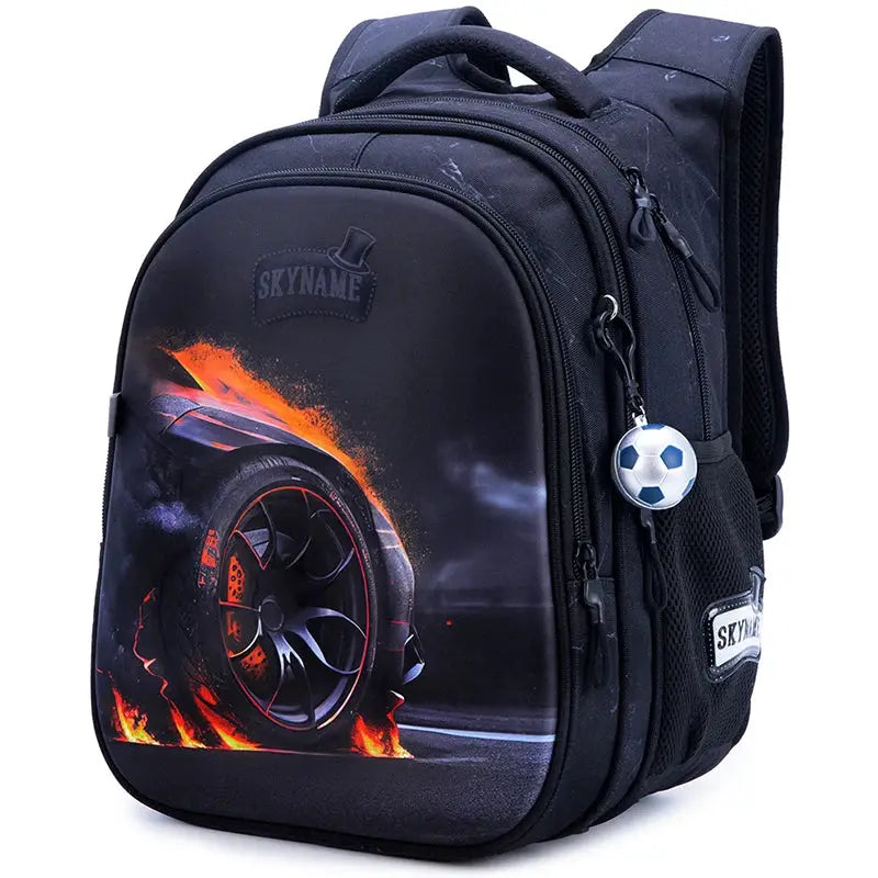 Kids' school backpack for boys with car wheel flame print, black/blue, SKYNAME patch.