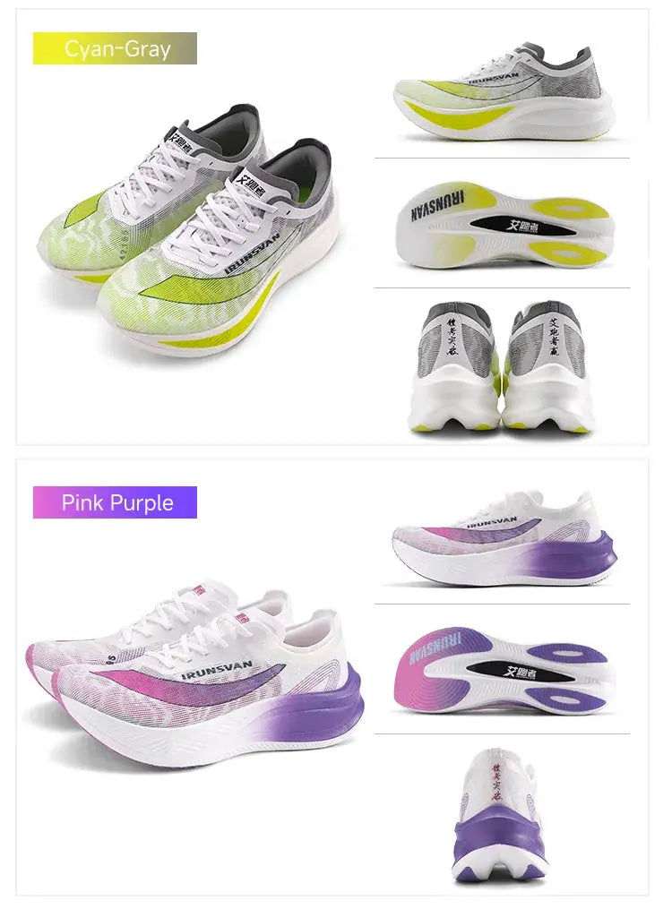 IRUNSVAN Nylon Carbon Plate Marathon Running Shoes for men and women in cyan-gray and pink-purple colorways