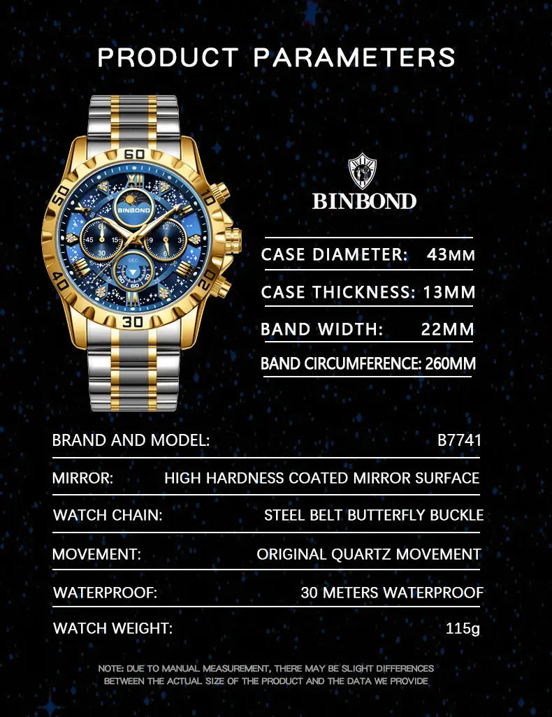 BinBond men's two-tone stainless steel chronograph watch with blue dial and luminous hands