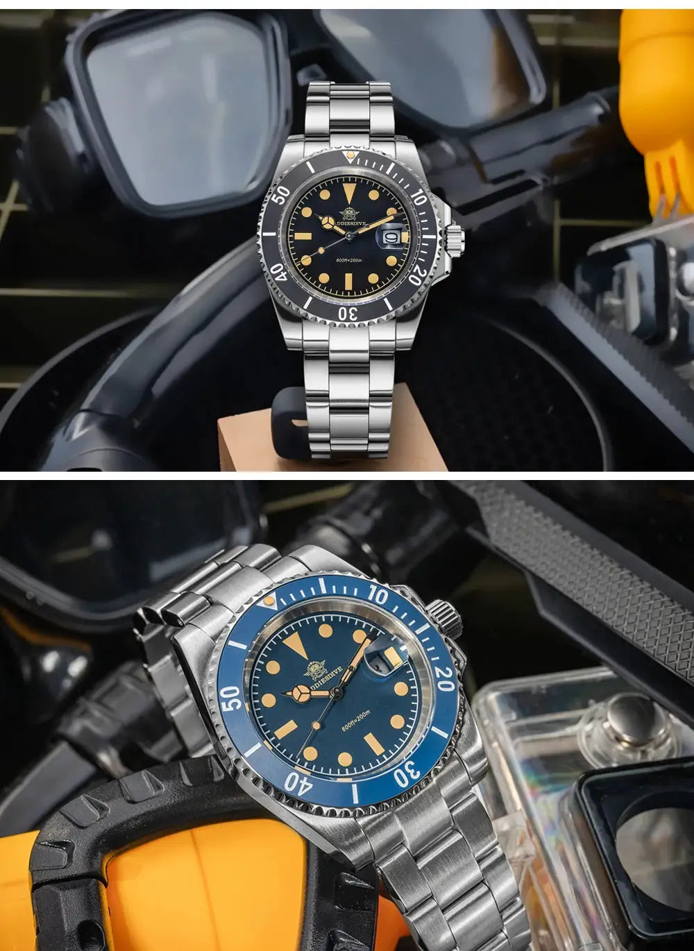 Addiesdive 41mm men's quartz watches with stainless steel bracelets, two watches featuring black and blue dials.