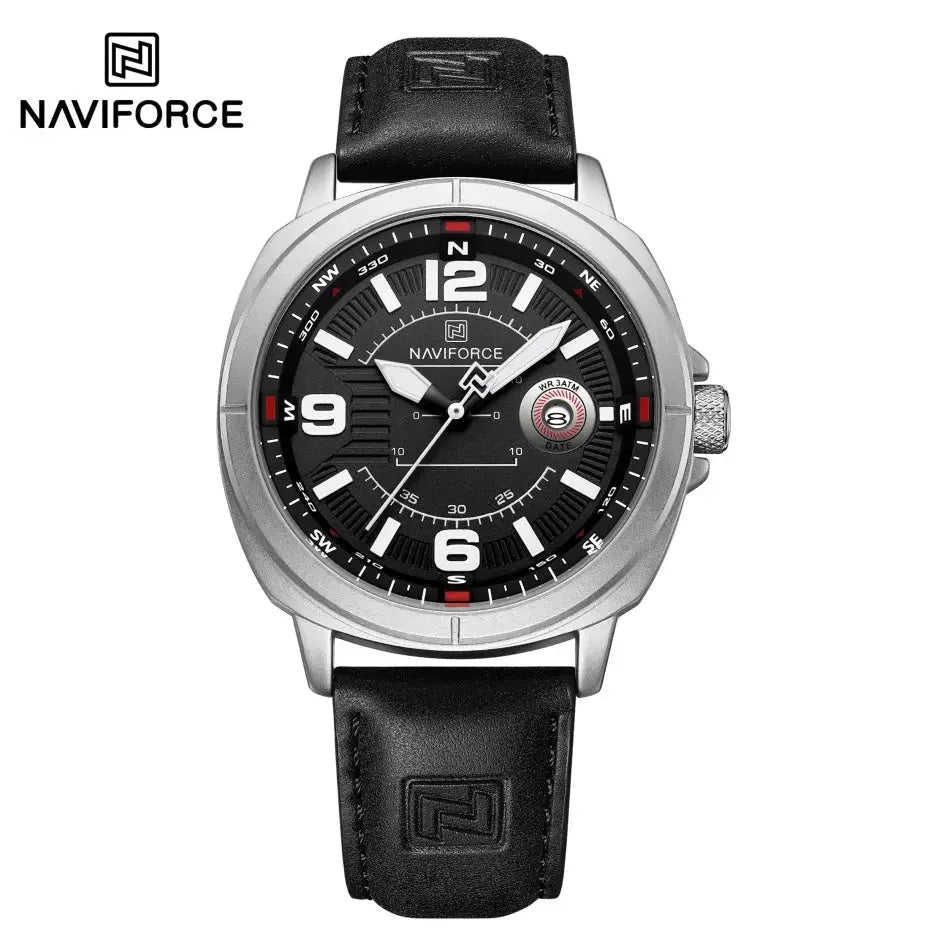 NAVIFORCE men's quartz watch with black dial, silver case and black leather strap