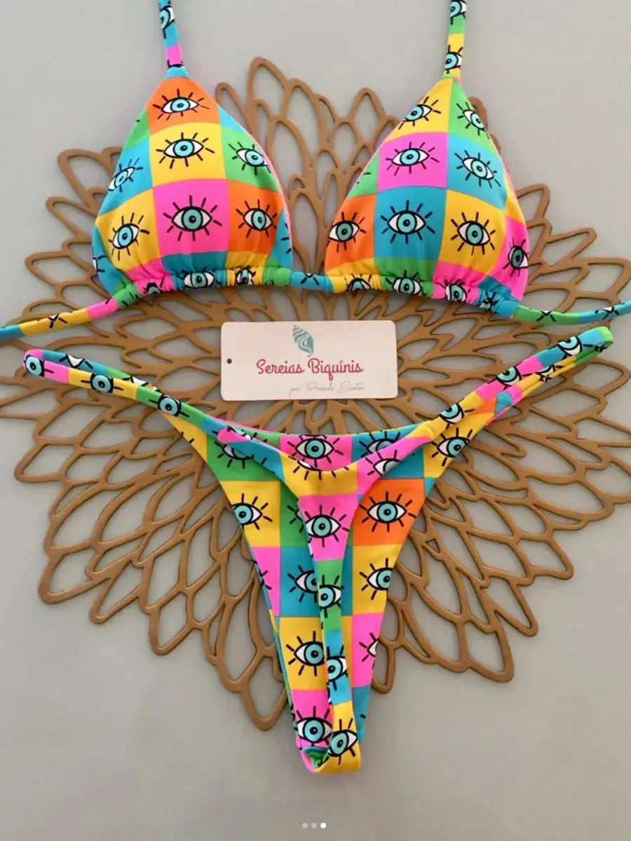 Two-piece halter bikini with thong bottom in bright multicolor checker eye pattern; Sereias Biquinis