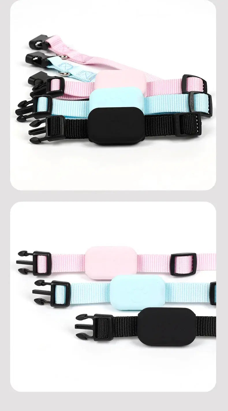 Remote pet GPS tracker collar set, waterproof real-time tracking; pink, blue and black bands, 3-pack by Simples Market.