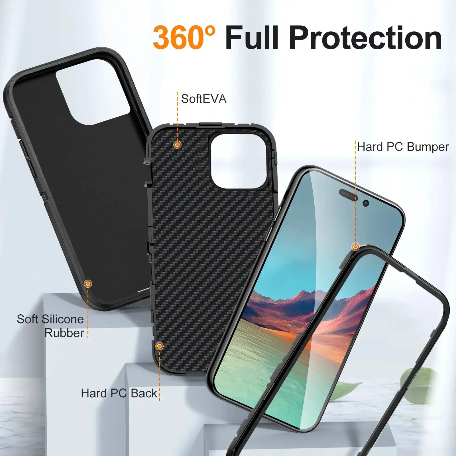 Simples Market 3-in-1 Defend Armor shockproof iPhone case, black carbon-fiber back with soft silicone edges