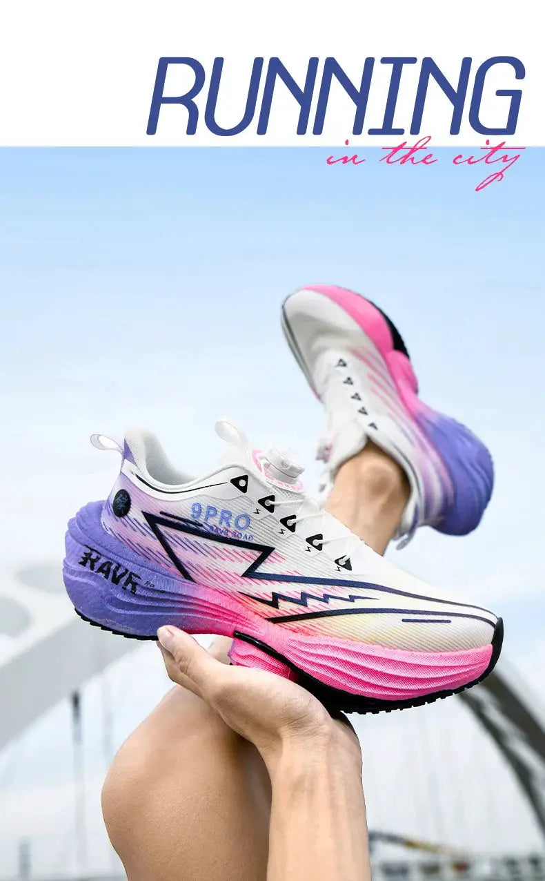 Men's cushioned running shoes with white upper and pink-to-purple gradient sole.