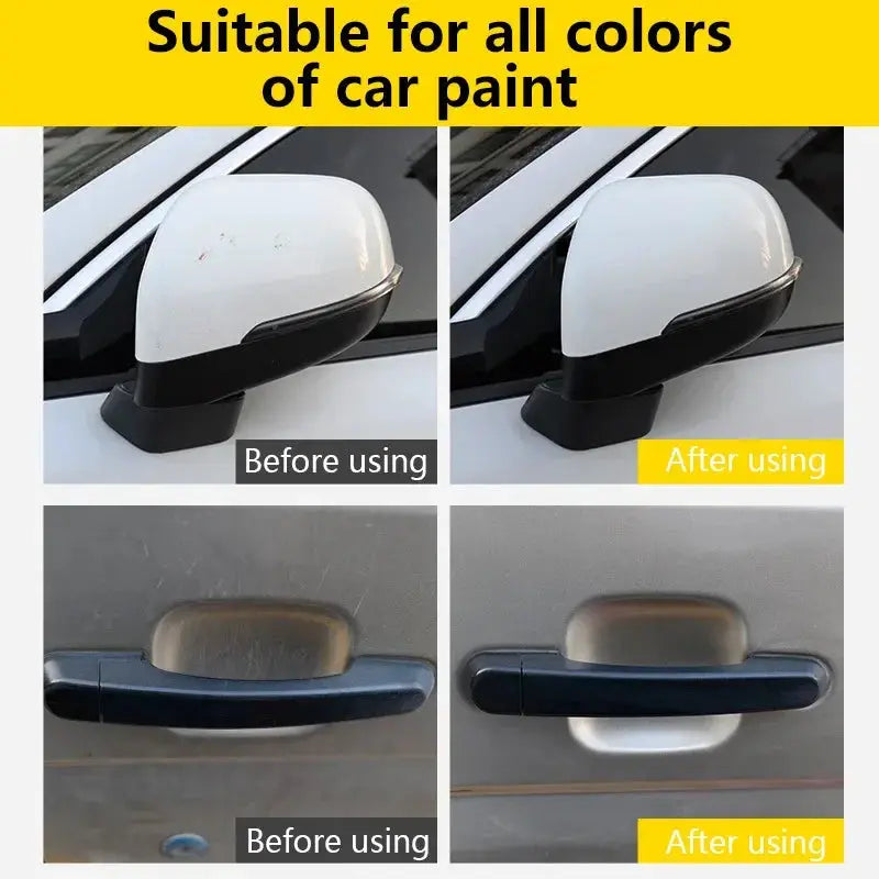 Simples Market Upgraded Nano Magic Car Scratch Remover Cloth; shows before/after on mirror, handle