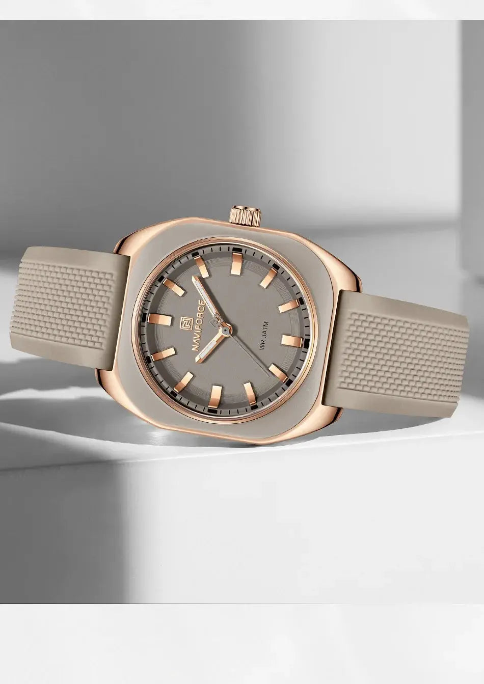 Naviforce women's silicone wristwatch with beige strap, rose-gold case, and grey dial.