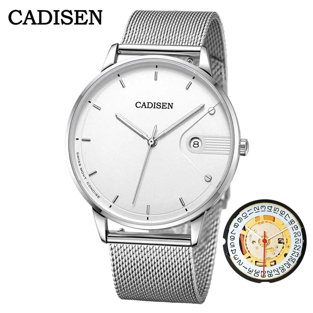 CADISEN men's quartz watch with silver stainless-steel Milano mesh strap, ultra-thin dial, Swiss movement