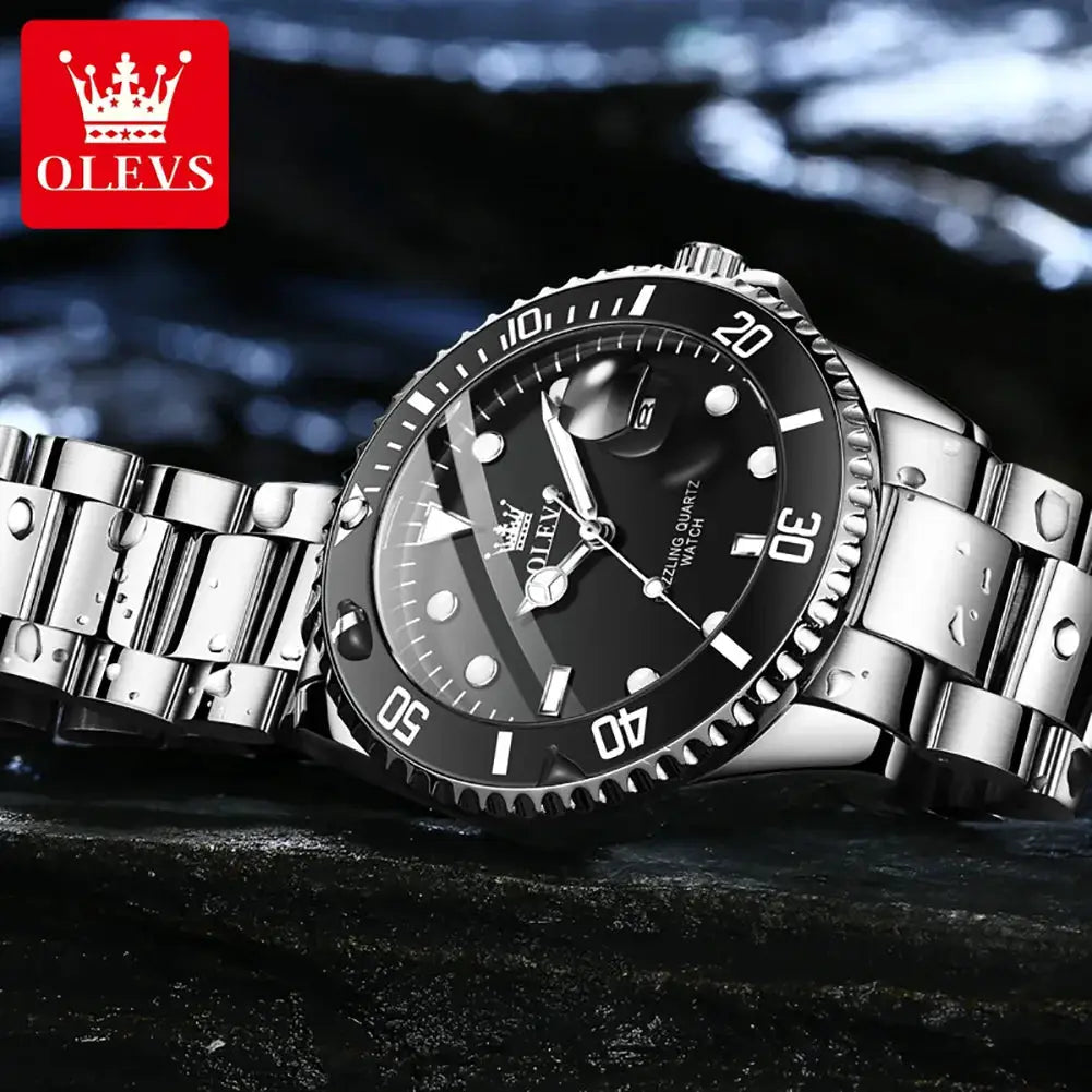 OLEVS stainless steel diving watch for men with black dial and date magnifier