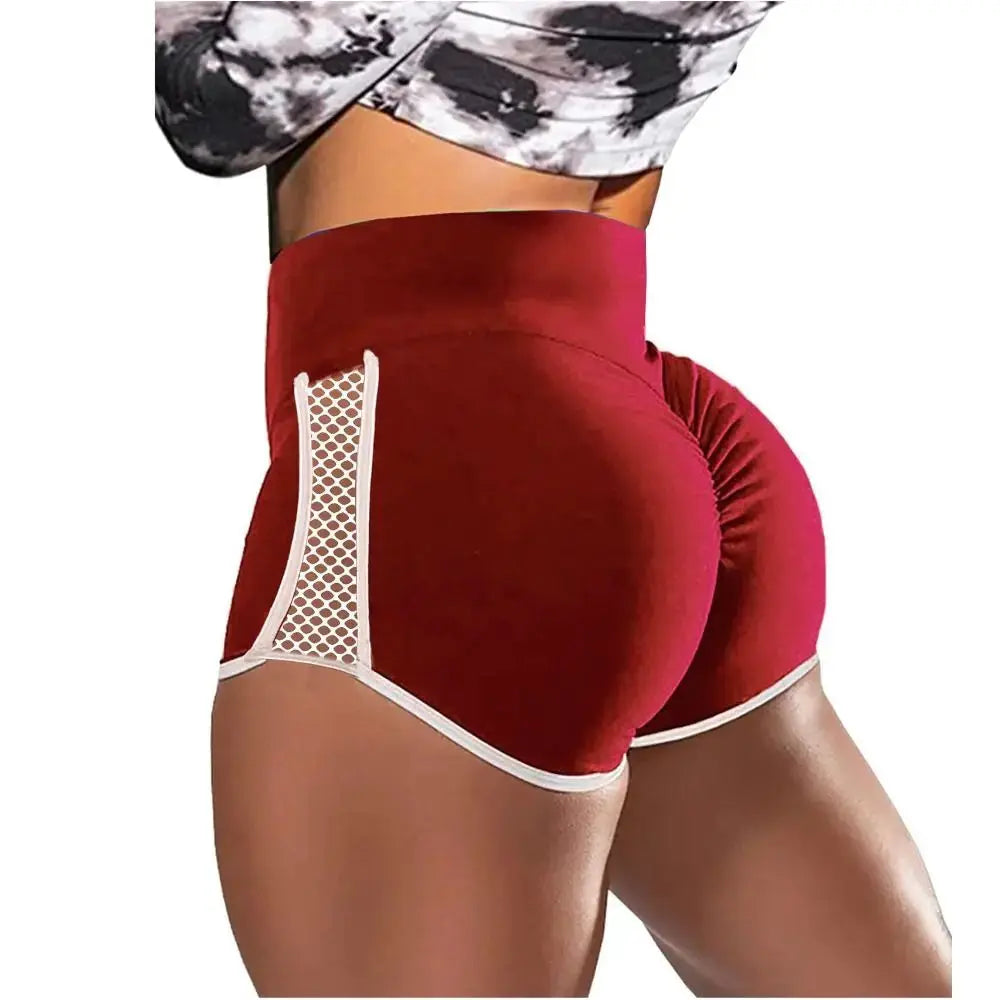 High waist sport shorts, red with white mesh side panels, quick-drying and stretchy for workouts