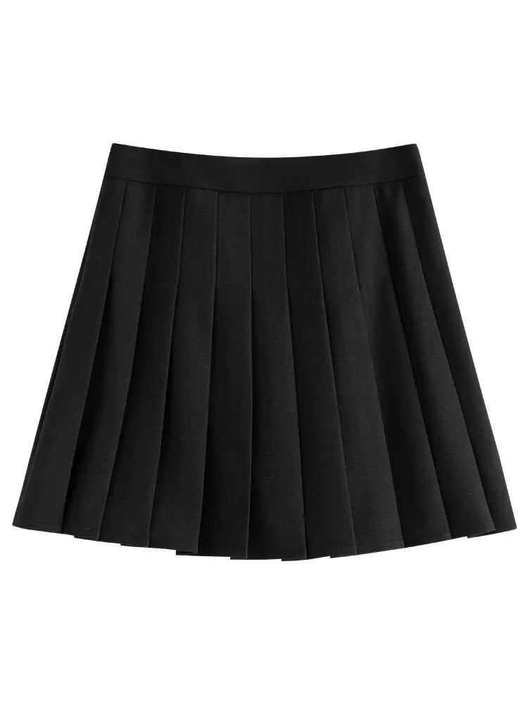 Women's black pleated skirt for formal office wear.
