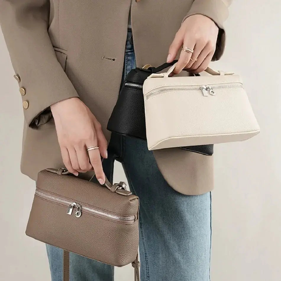 Mini handbag set: three pebbled bags in beige, taupe and black with lunch-box style top handles