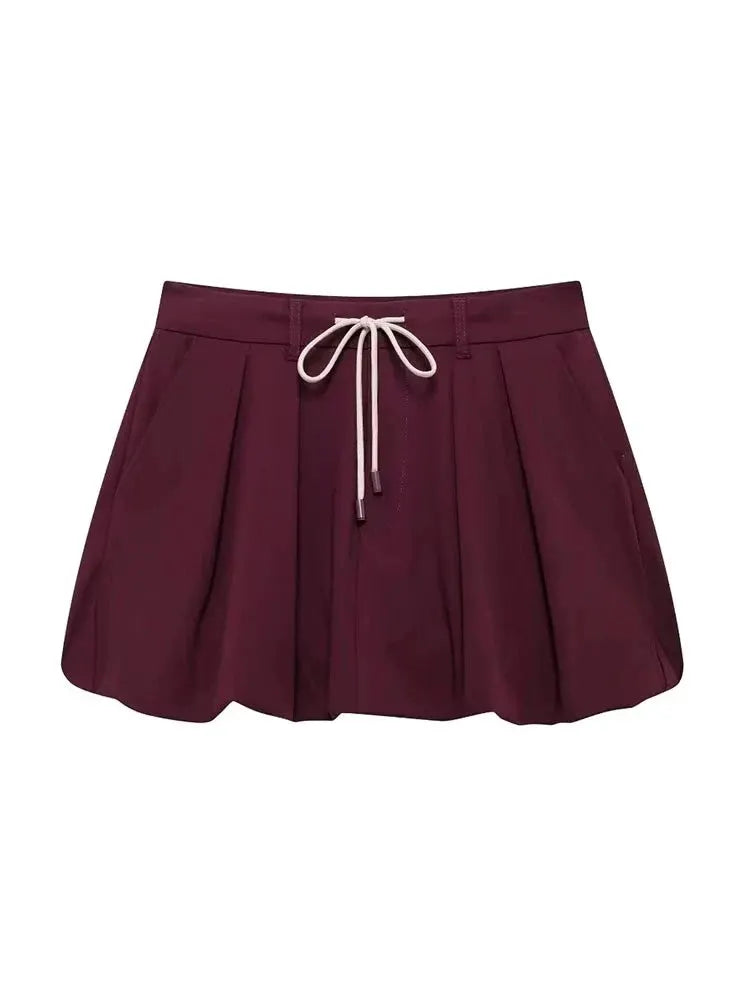 Casual Women Two Piece Set Lace Up Jacket Lantern Sleeve Mini Skirt