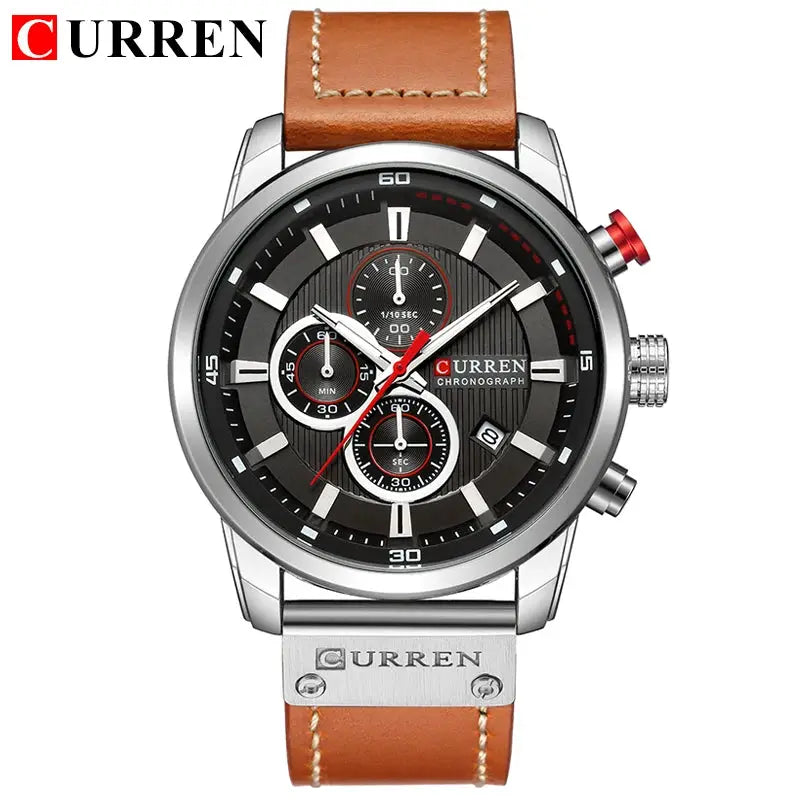 Curren 8291 men's quartz chronograph watch with brown leather strap, black dial and silver case.