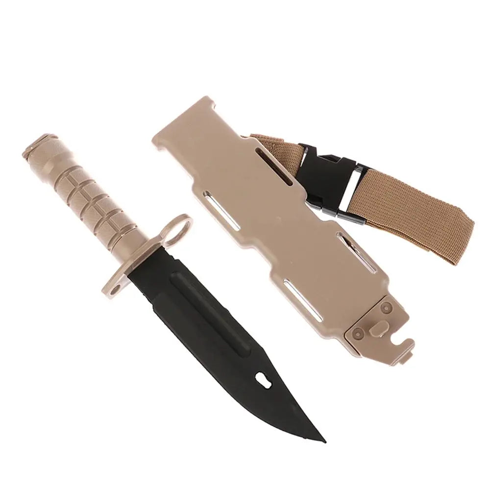 M9 tactical rubber training knife set with black blade and tan sheath