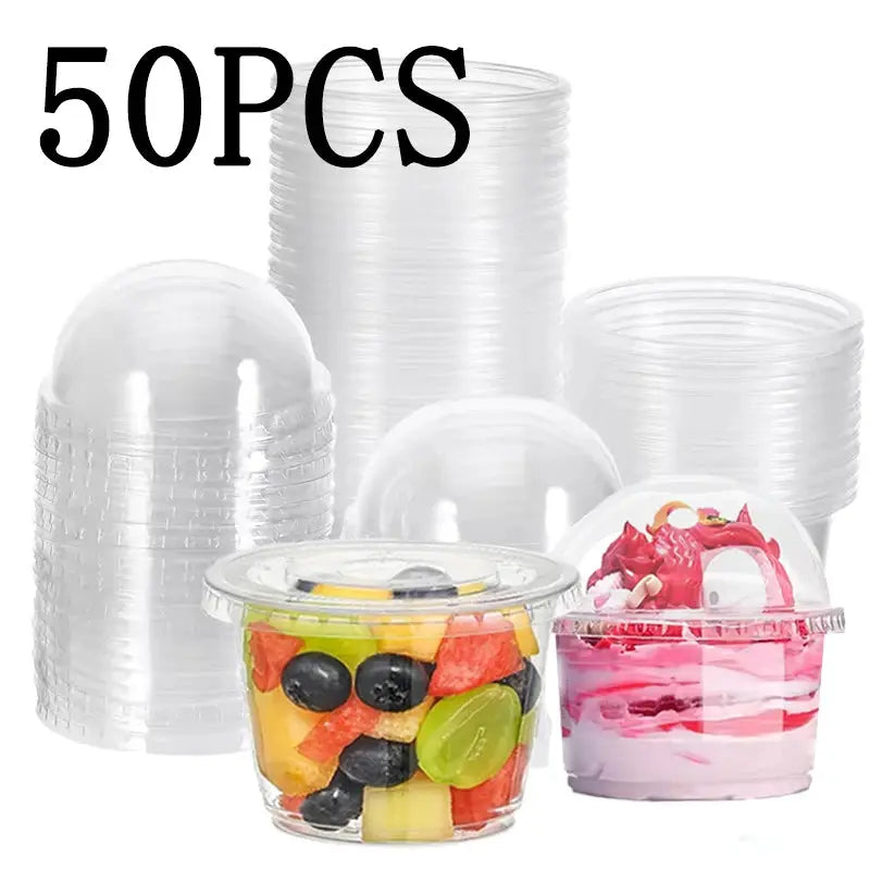 50Pcs Disposable Transparent Cups With Dome And Flat Lids For Milk Tea Coffee Juice Desserts