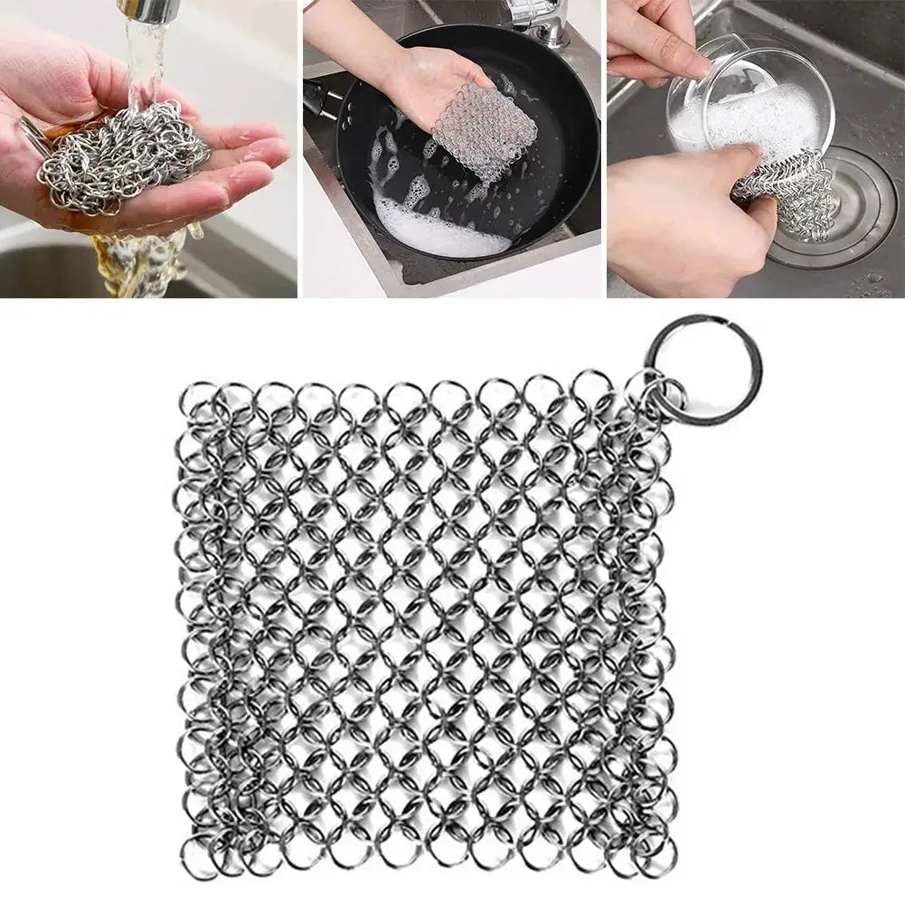 Stainless steel chain mail scrubber for cast iron cookware with ring handle