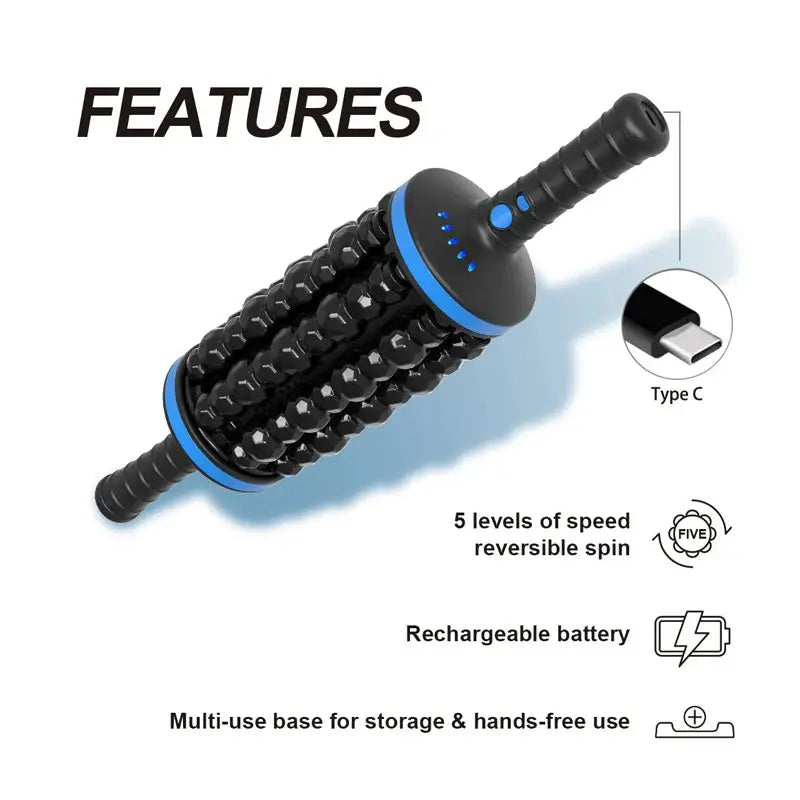 Cordless roller body massager with textured beads and blue accents, rechargeable Simples Market