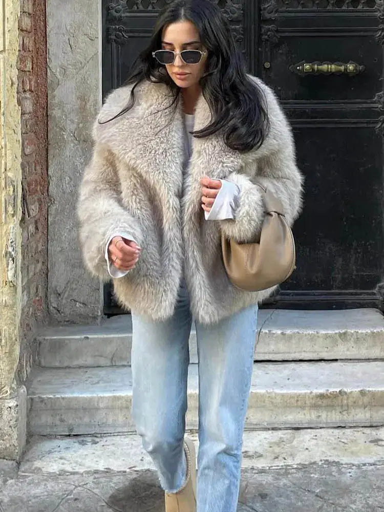 HH Women Fashion Cropped Faux Fur Jacket Coat Long Sleeve Front Snap Button Closure Lapel Collar Thick Outerwear Chic