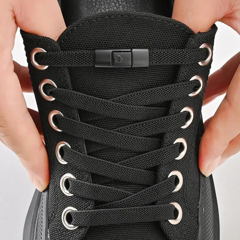 8mm No-Tie Elastic Shoe Laces with Press Lock by Simples Market, black widened flat laces for sneakers