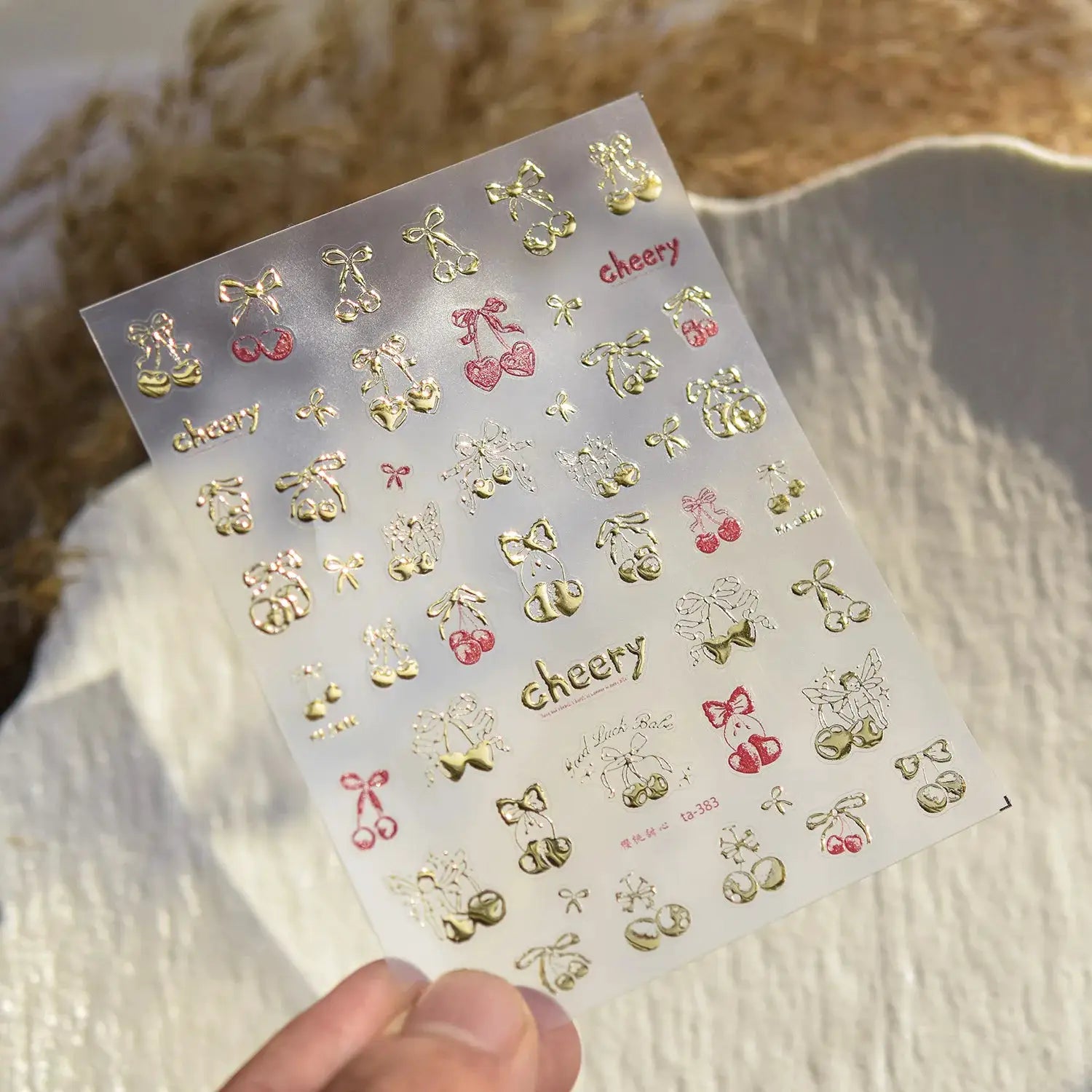 Nail art sheet by Simples Market: pink translucent jelly 5D embossed self-adhesive with bows and cherries