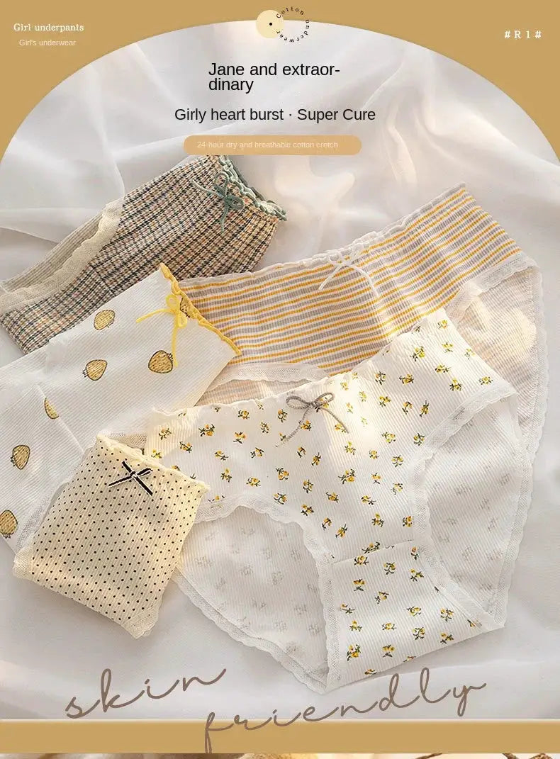 Girls' cotton underwear set of five mid-rise briefs by Simples Market with floral and striped patterns