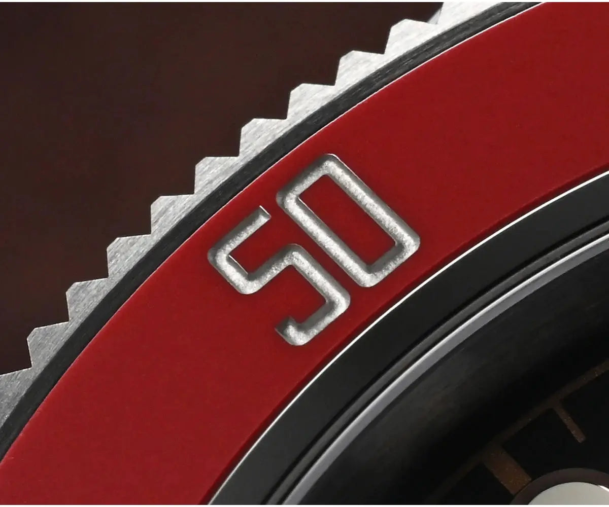 San Martin BB Diver watch, 40mm case, red bezel close-up showing the 50 marker