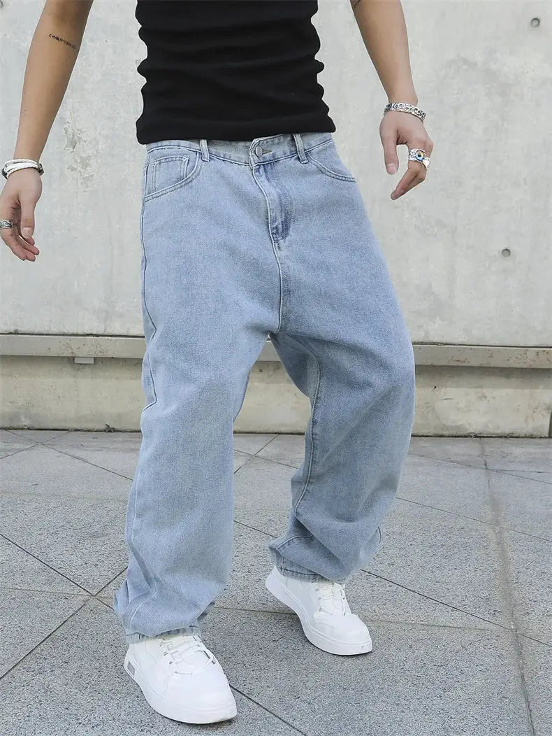 Men's baggy light-blue denim jeans, oversized wide-leg casual pants for streetwear.