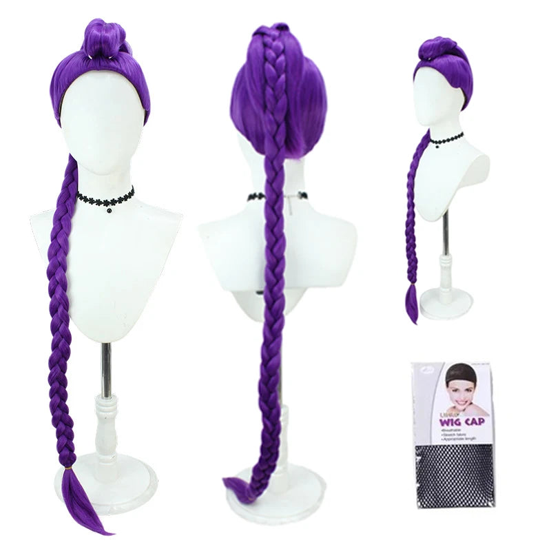 KPOP women's purple cosplay wig with top bun and long braids on display, heat-resistant synthetic hair.