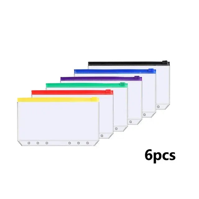 A6 6-hole binder pockets, waterproof PVC zipper pouches, 6-pack with colorful tops.