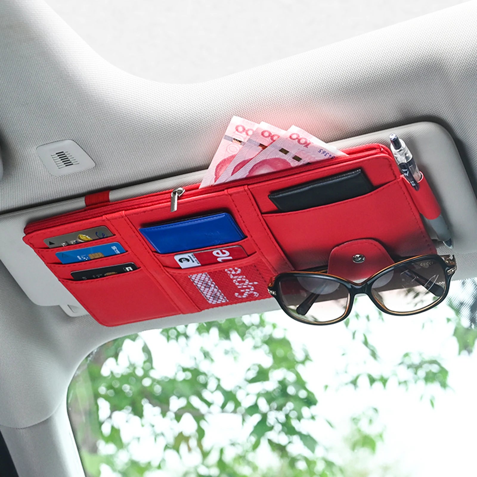 Car sun visor organizer in red with card slots and sunglasses clip