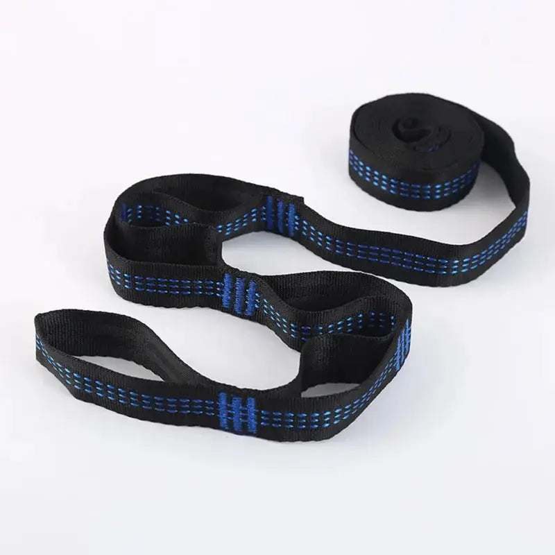 2-piece hammock strap set, black polyester with blue stitching, 5-ring design, 600 lbs capacity
