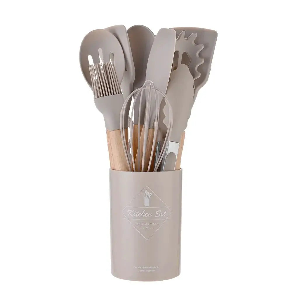 ChefGlow 12-Piece Silicone Kitchen Utensil Set With Nonstick Heat-Resistant Heads And Wooden Handles