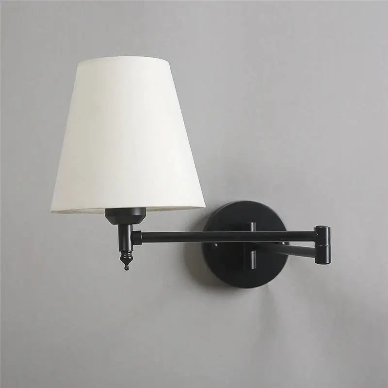 Nordic adjustable folding wall lamp with rotating rocker arm, black metal finish and white fabric shade, LED