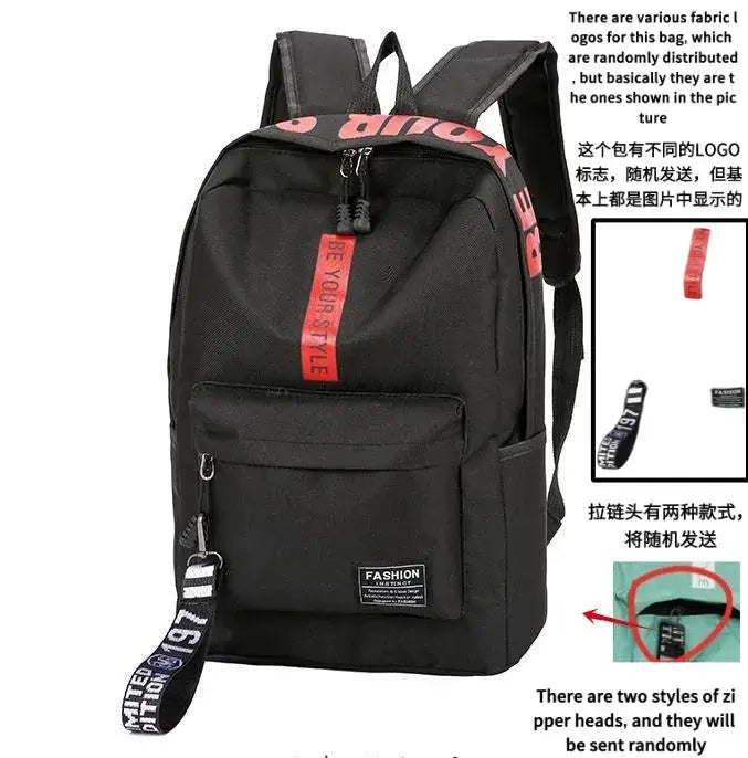 Simples Market black fashion trend backpack; large capacity with front zip pocket, red accents and sturdy straps.