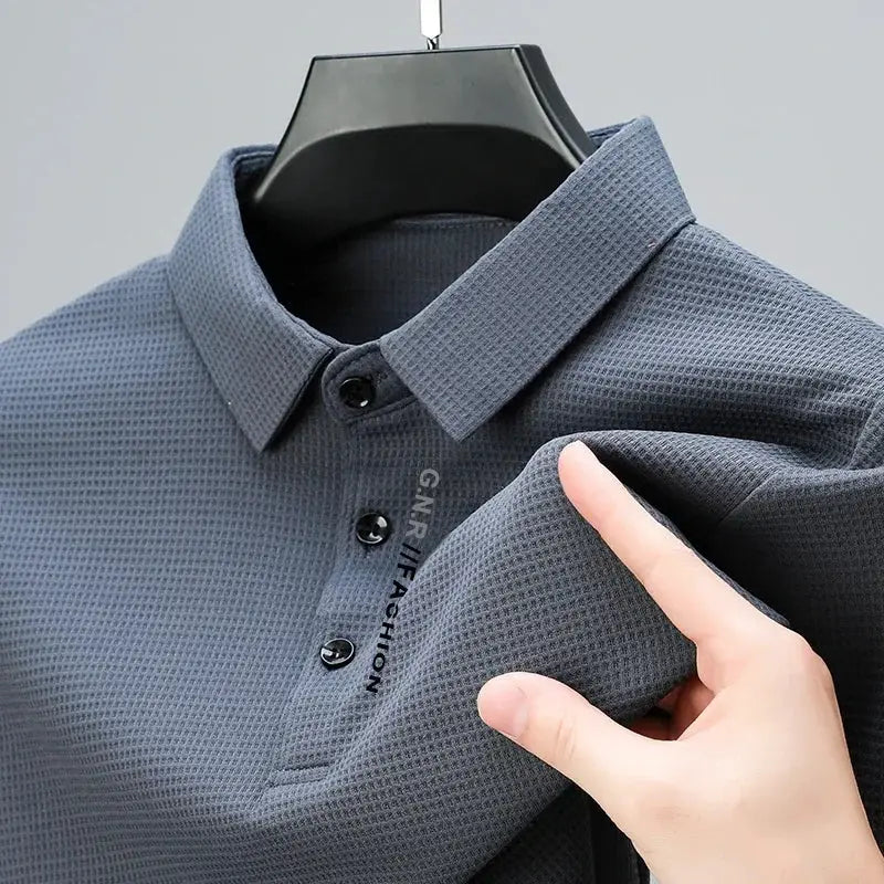 Men's waffle-knit long-sleeve polo shirt with letter-printed placket in blue-gray, Simples Market