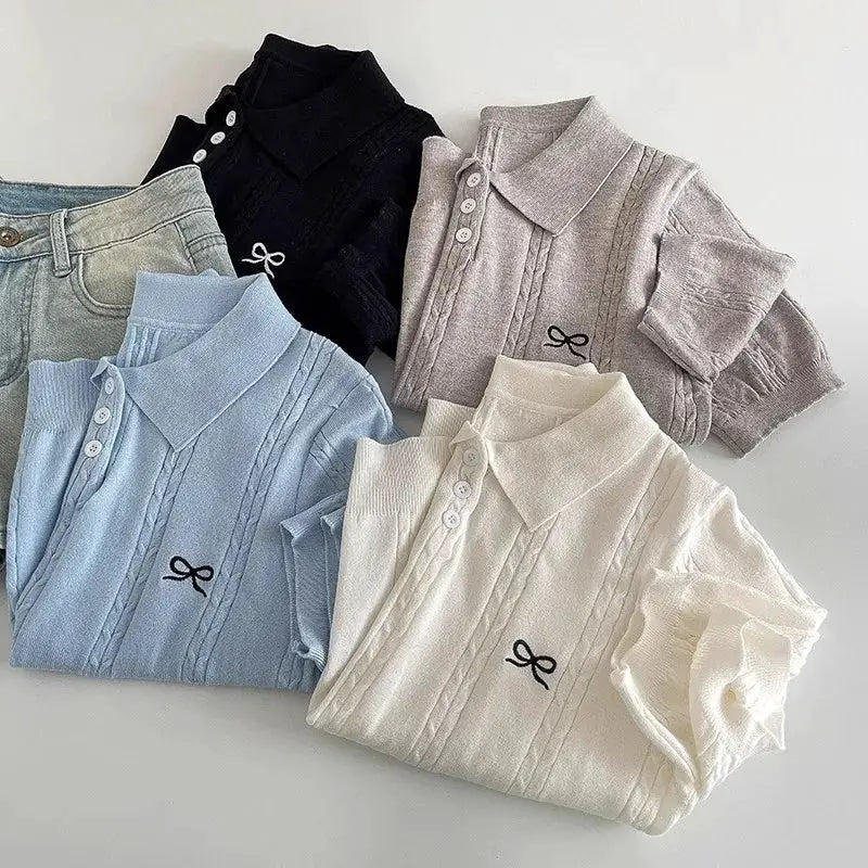 AOSSVIAO Korean Knitted Polo Shirt Women Bow Embroidered Top