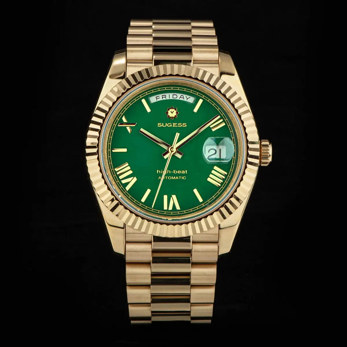 Sugess men's gold-tone 40mm automatic wristwatch with green dial, day/date window, sapphire glass