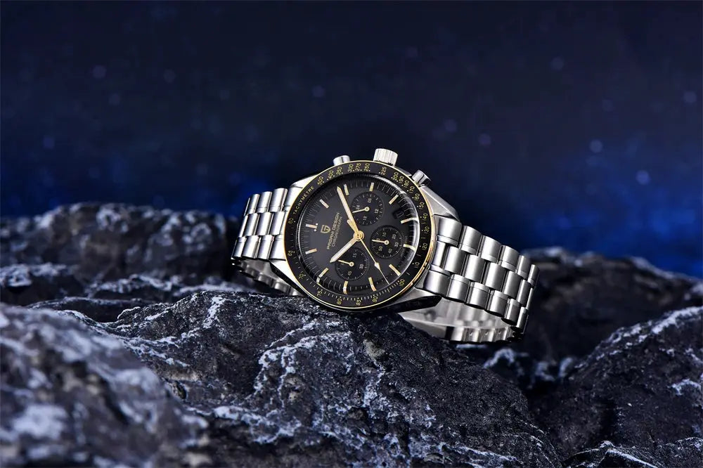 PAGANI DESIGN 2026 New Moon men's watch VK63 chronograph on stainless steel bracelet with black dial and gold-tone bezel