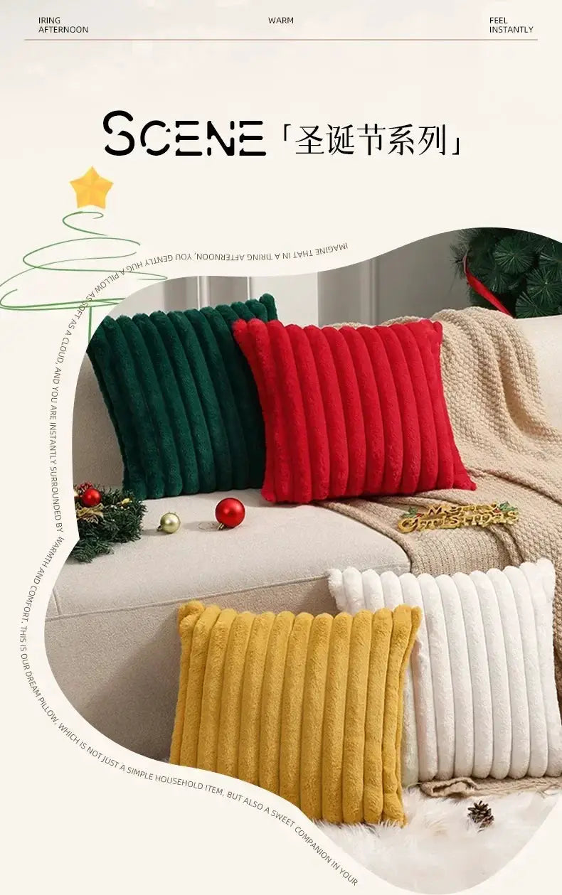 Simples Market faux rabbit fur cushion cover set of five; plush striped pillow covers in green, red, beige, yellow and white for sofa decor