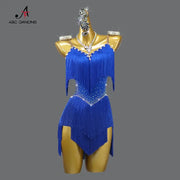 LumaDance Latin Performance Dance Dress For Women Flexible Nylon Elastane Knit With Fringe Skirt Blue