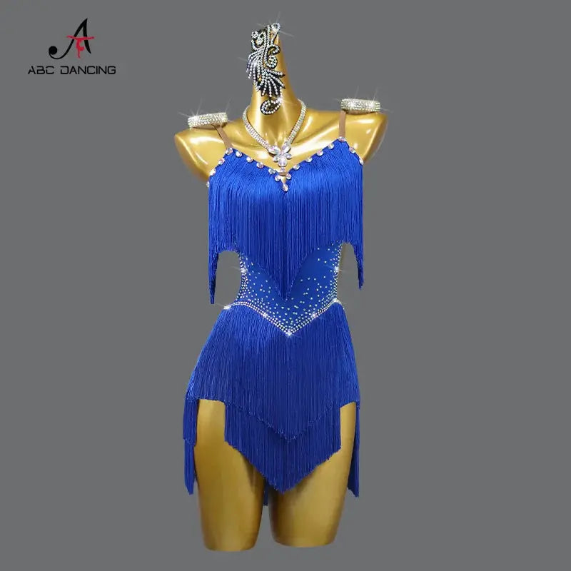 LumaDance Latin Performance Dance Dress For Women Flexible Nylon Elastane Knit With Fringe Skirt Blue