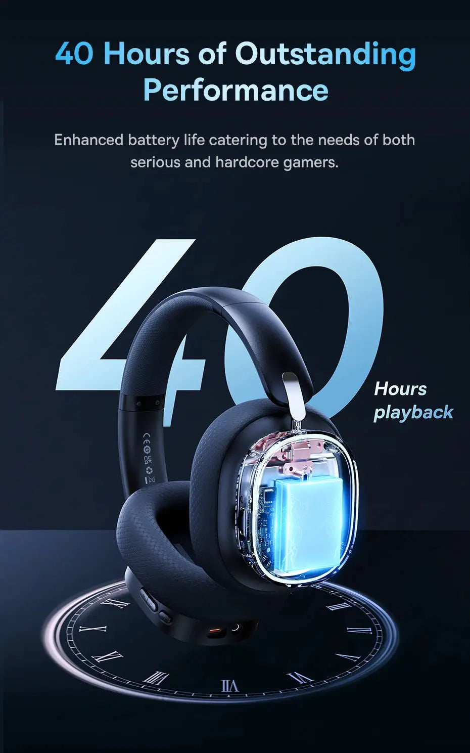 Baseus GH02 gaming wireless over-ear headphones with mic, black/blue design
