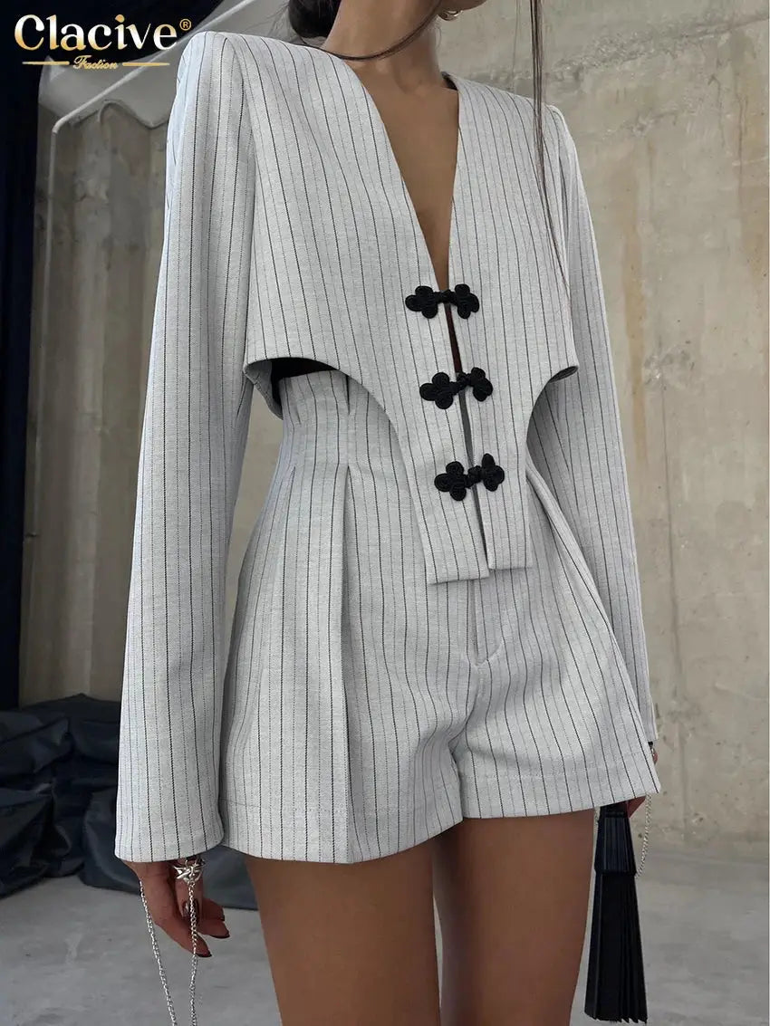 Clacive Stripe Print Slim Two Piece Set Women Top High Waist Shorts