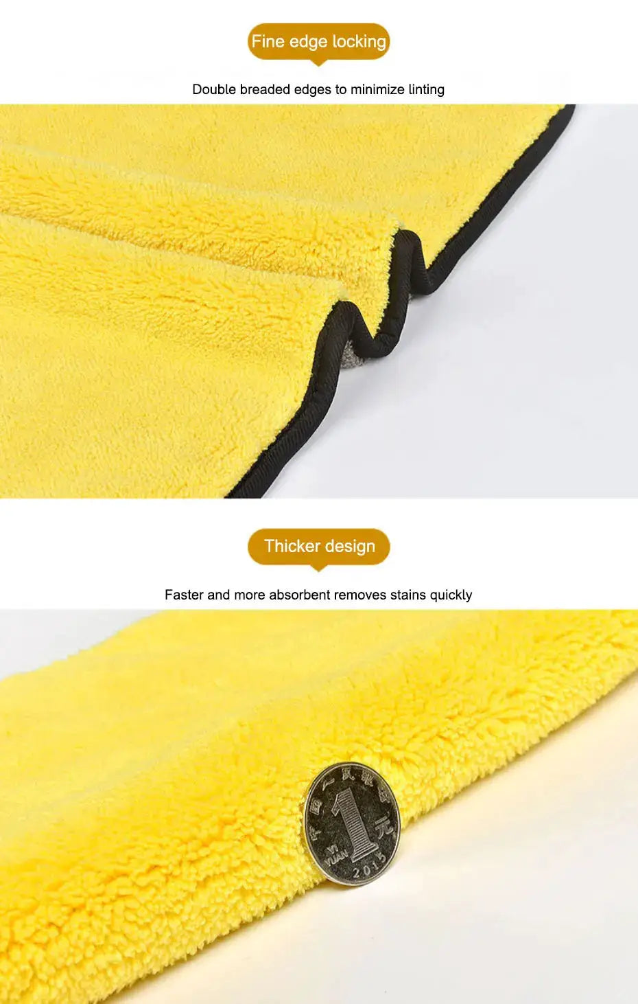 SEAMETAL set of yellow microfiber car wash towels by Simples Market, thick and absorbent with double braided black edges