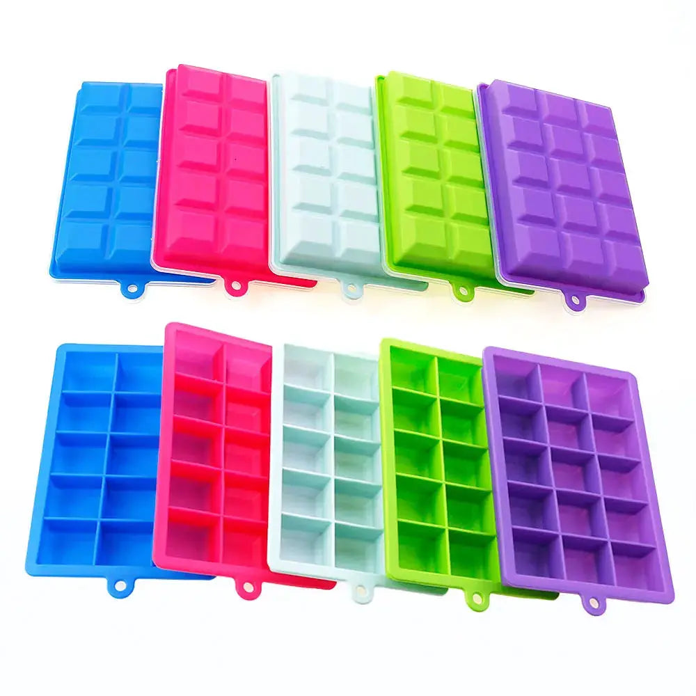 Silicone ice cube mold set with lids, 10 colorful square trays (15/24-grid)